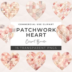 Aquarel hart clipartbundel - patchwork hart illustraties commercieel gebruik, Love Heart Valentijnsdag printables, digitale download