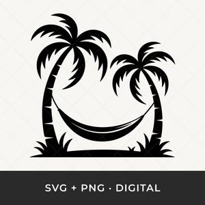 Può includere: Silhouette nera di due palme con un'amaca tesa tra di loro. L'immagine è un design digitale, perfetto per progetti a tema tropicale o spiaggia. Il testo "SVG + PNG • DIGITAL" è in basso.