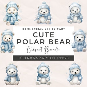 Watercolor Cute Polar Bears Clipart - Commercial Use Clip Art, Watercolor Design, Winter Animals, Snow, Polar Bear Images, Arctic Snowy