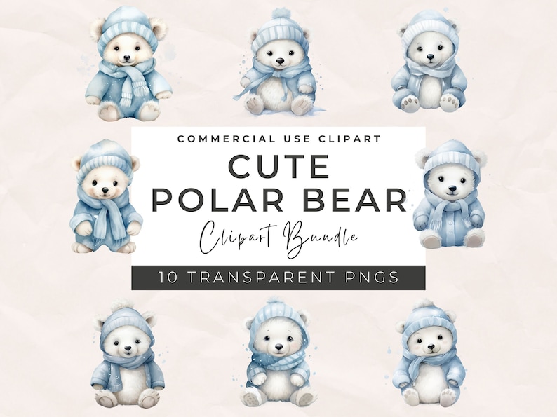 Watercolor Polar Bear Clipart – Winter Animal PNG Images, Commercial ...