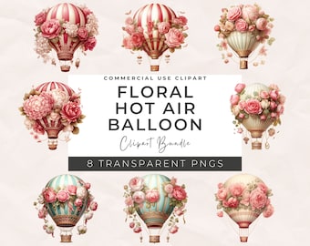 Clipart de globo aerostático en acuarela: Paquete PNG floral (descarga digital)