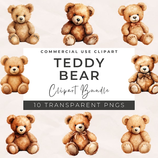 Watercolor Teddy Bear Clipart Bundle - 10 High Quality PNGs, Wall Art, Scrapbook, Junk Journals, Digital Planners, Digital Download