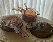 Vintage VISIONS Amber by Corning Waffle Bottom Skillet, Saucepans, Lids