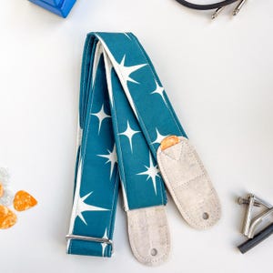 Vegan Guitar Strap | Teal with retro stars Guitar Strap | Handmade Comfortable Lightweight Adjustable Instrument Strap | Gift for Musician