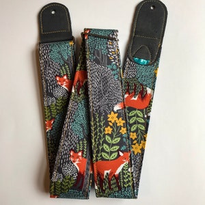 Vegan Guitar strap woodland fox guitar strap Handmade Comfortable Adjustable Lightweight Instrument Strap guitar player gift image 3