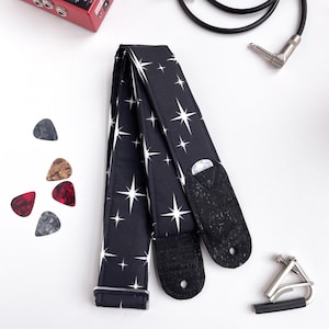 Vegan Guitar Strap | Black with retro stars Guitar Strap | Handmade Comfortable  Lightweight Adjustable Instrument Strap | Gift for Musician