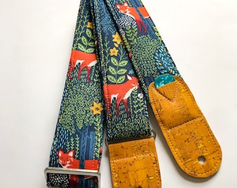 Vegan Guitar strap | woodland fox guitar strap | Handmade Comfortable Adjustable Lightweight Instrument Strap | guitar player gift