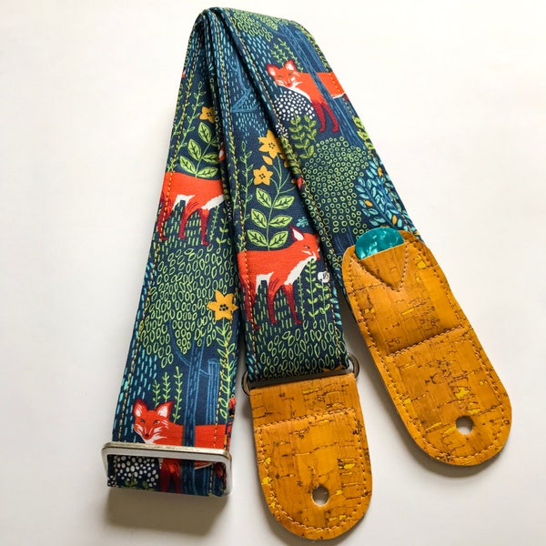 Vegan Guitar strap | woodland fox guitar strap | Handmade Comfortable Adjustable Lightweight Instrument Strap | guitar player gift