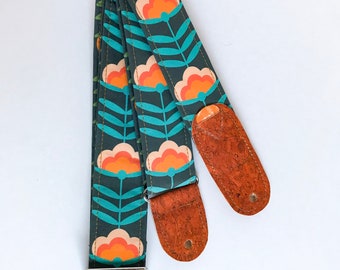 Correa de guitarra con diseño de flores retro, correa de guitarra vegana, correa de instrumento ajustable y cómoda hecha a mano, regalo para guitarristas.