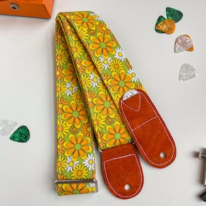 Handmade Vegan Padded Adjustable Guitar Strap with Pick Holder – Retro Hippie Flower Design