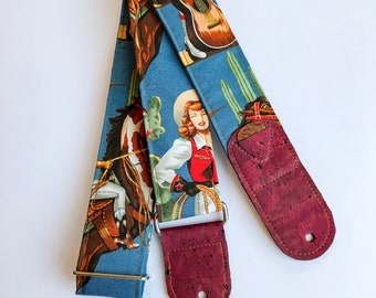 Vegan Guitar strap | Cowgirls guitar and Cactus guitar strap | Handmade Comfortable Adjustable Guitar Straps | guitar player gift