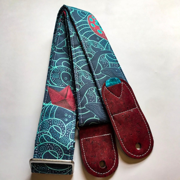 Vegan Guitar Strap with a paper boat sailing on Ocean waves | Handmade Comfortable Adjustable Guitar Strap | Great Gift for Guitar Players