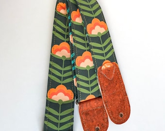 Correia de guitarra vegana | Correia de guitarra retrô com flor laranja e verde | Correia de guitarra macia feita à mão com suporte para palheta | Presente para guitarrista