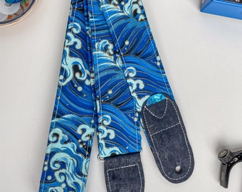 Ocean waves Blue Guitar Strap | Vegan No Leather Guitar Strap | Unique Handmade Guitar Player Gift