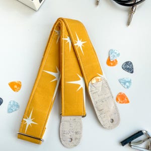 Vegan Guitar Strap |  Yellow with retro stars Padded Guitar Strap | Adjustable Guitar Straps with guitar pick holder | Gift for Musician