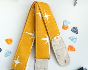 Vegan Guitar Strap |  Yellow with retro stars Padded Guitar Strap | Adjustable Guitar Straps with guitar pick holder | Gift for Musician