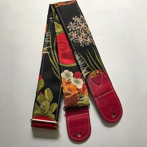 Vegan Guitar Strap | Frida, Cactus, Flowers Guitar Strap | Handmade Soft Floral Guitar Strap with guitar Pick Holder | Guitar Gift