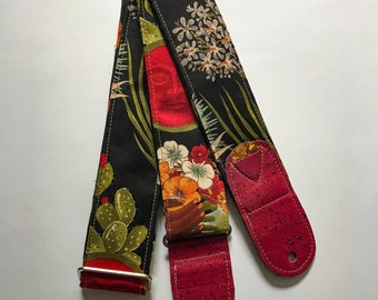 Vegan Guitar Strap | Frida, Cactus, Flowers Guitar Strap | Handmade Soft Floral Guitar Strap with guitar Pick Holder | Guitar Gift