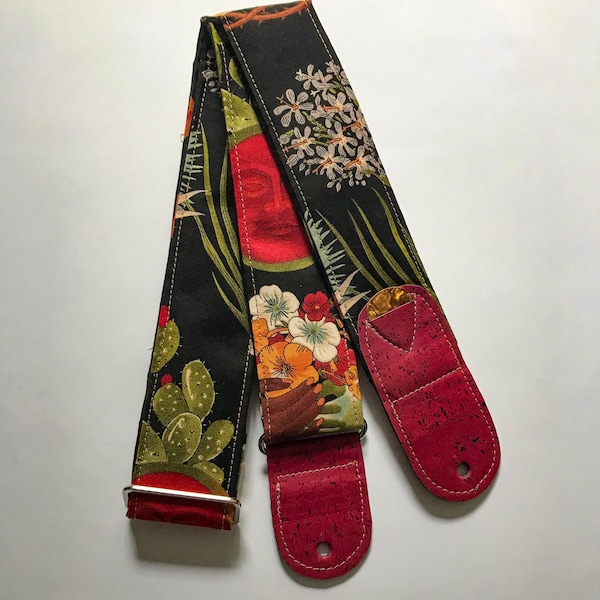 Vegan Guitar Strap | Frida, Cactus, Flowers Guitar Strap | Handmade Soft Floral Guitar Strap with guitar Pick Holder | Guitar Gift