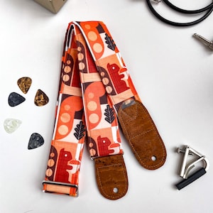 Vegan Guitar Strap |Orange retro squirrels Guitar Strap | Handmade Comfortable Lightweight Adjustable Instrument Strap | Gift for Musician