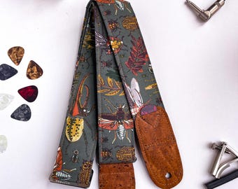 Vegan Guitar Strap | Green Insect Fabric Padded Guitar Strap | Adjustable Guitar Straps with guitar pick holder | Gift for Musician