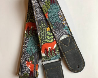 Vegan Guitar strap | woodland fox guitar strap | Handmade Comfortable Adjustable Lightweight Instrument Strap | guitar player gift