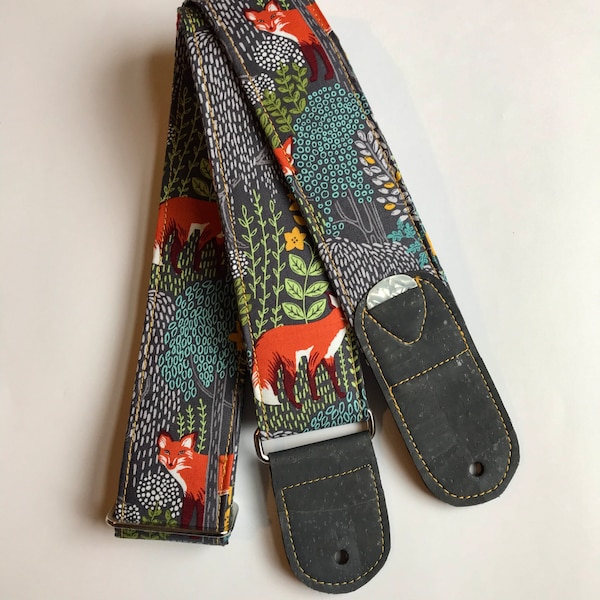 Vegan Guitar strap | woodland fox on gray guitar strap | Handmade Comfortable Adjustable Lightweight Instrument Strap | guitar player gift