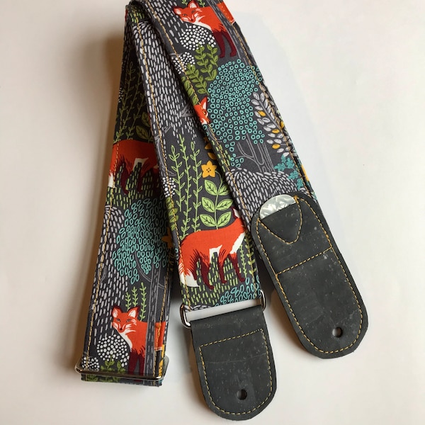 Vegan Guitar strap | woodland fox guitar strap | Handmade Comfortable Adjustable Lightweight Instrument Strap | guitar player gift