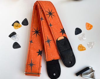 Correia de guitarra vegana, Correia de guitarra de Halloween, Correias de guitarra ajustáveis e confortáveis feitas à mão na cor laranja com suportes para palhetas | presentes para guitarra