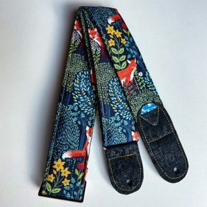 Vegan Guitar strap | fox guitar strap on blue | Handmade Comfortable Adjustable Instrument Strap with guitar pick holder | guitar gifts