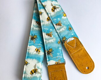 Vegan Guitar strap | Bees and clouds guitar strap |  Handmade adjustable Guitar strap with guitar pick holder  | guitar gift