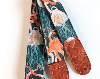 Vegan Guitar strap | Octopus and Jellyfish guitar strap | blue and orange guitar strap | Handmade Adjustable Lightweight Instrument Strap