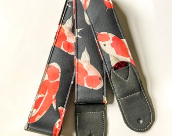 Vegan Guitar strap with Japanese Koi Fish |   Soft Comfortable Adjustable Guitar Straps with Guitar Pick Holders | Gifts for Musicians