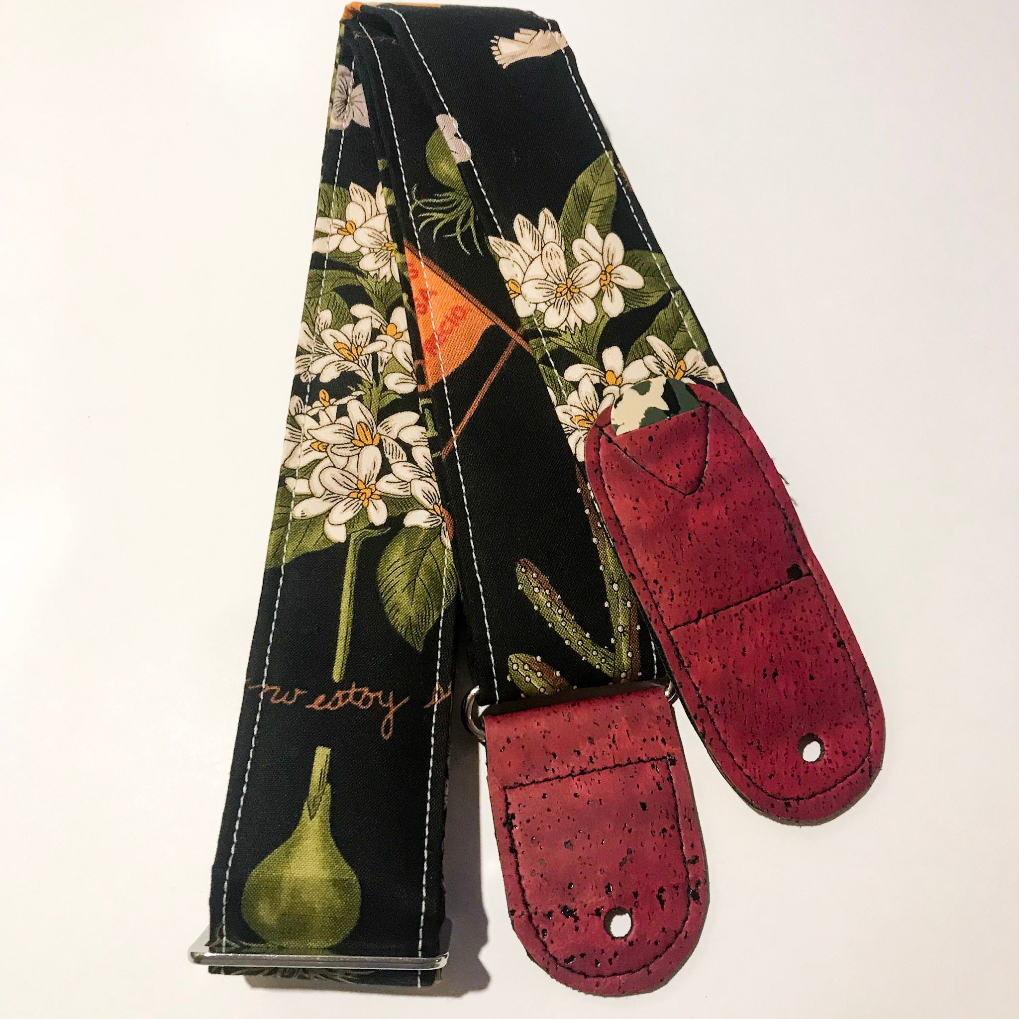 Veganistische gitaarband |  Cactus and Flowers-gitaarband | Handgemaakte verstelbare comfortabele lichtgewicht gitaarband | Instrumentriem: