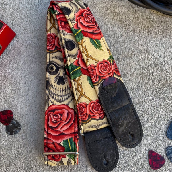 Skulls and Roses Guitar Strap | Vegan No Leather Guitar strap | Unique Handmade Guitar player Gift