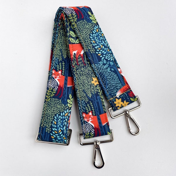 Purse strap | Padded Adjustable Comfortable Crossbody Purse Laptop Strap | Banjo Strap | Blue Bag Strap with Foxes