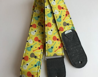 Guitars and Stars Yellow  Guitar Strap | kids Guitar Strap | Adults or child size Adjustable Comfortable Vegan Guitar Strap | Guitar Gift