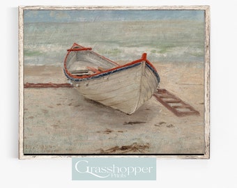 Dipinto a olio vintage, stampa di barca da pesca, decorazione STAMPABILE, DOWNLOAD DIGITALE