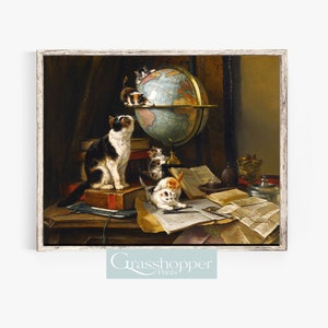 Vintage Katzen Ölgemälde, antike Reisekarten, Stillleben Drucke, DRUCKBARE Wandkunst, digitaler DOWNLOAD