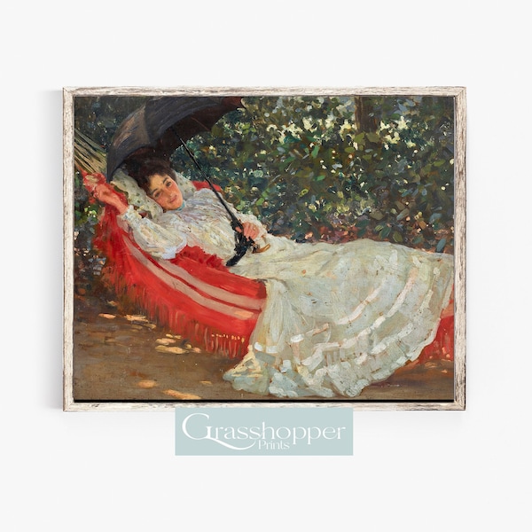 Victoria Woman Portrait, Vintage Summer Landscape, Backyard Garden Scene, Girl in Hammock, Printable Wall Art, Digital DOWNLOAD