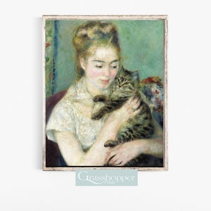 Vintage Cat Painting, Girl Holding Cat, Renoir Print, PRINTABLE Wall Art, Digital DOWNLOAD