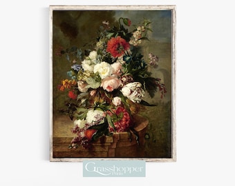 Pintura a óleo floral antiga, natureza morta com flores vintage, impressão Dark Academia, arte de parede para impressão, download digital