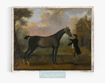 May include: A painting of a brown horse standing in a field with a man holding a rope. The horse is facing the man, who is wearing a black coat and a brown hat. The background is a landscape with trees and a building in the distance.