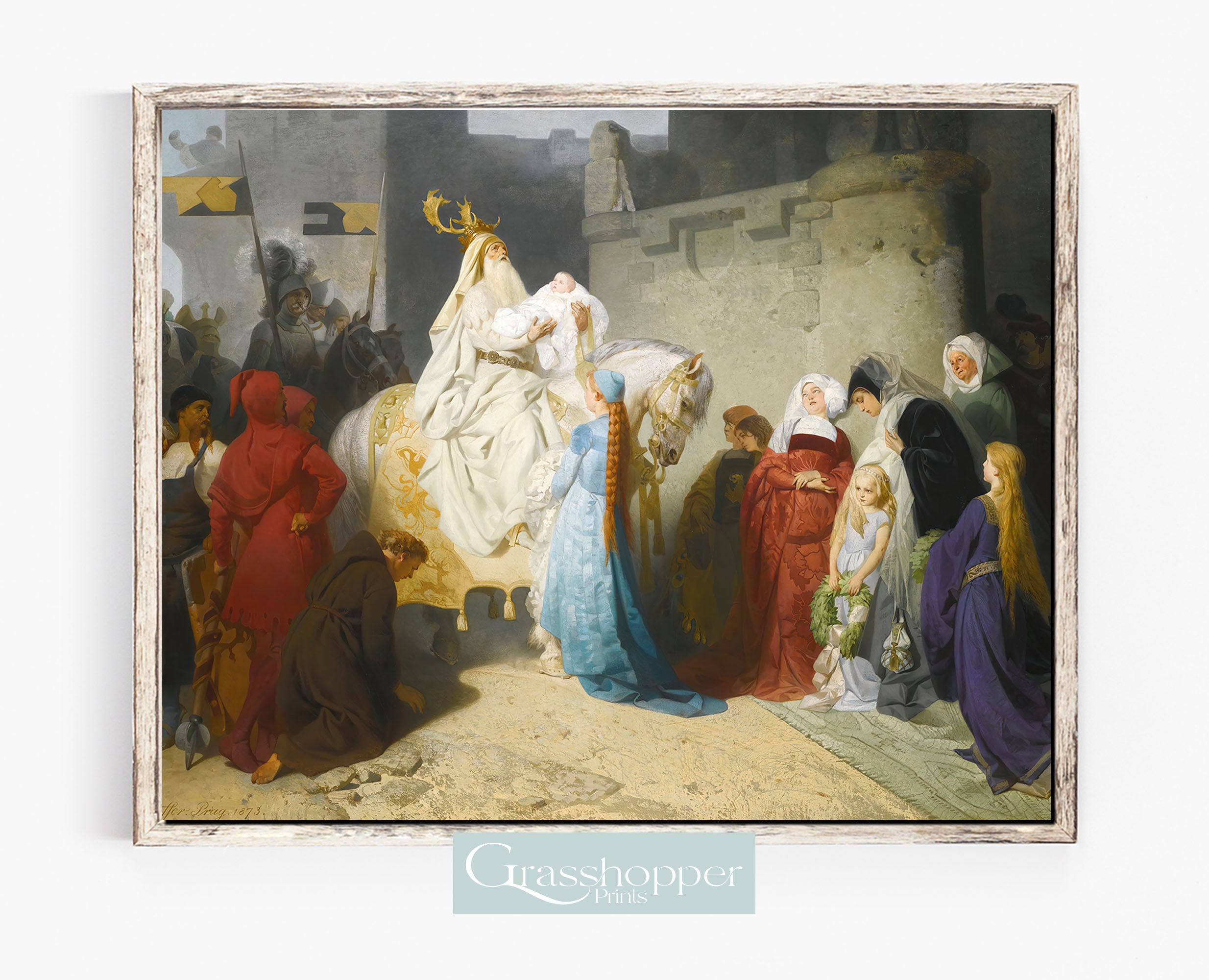 アーサー王の絵画、中世のヴィンテージ版画、魔法使いマーリンのアート