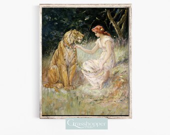 Children's Room Decor, Vintage Animal Artwork, Tiger Print, Girl's Wall Art, PRINTABLE Wall Decor, Digital DOWNLOAD
