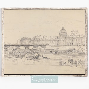 May include: A black and white line drawing of a Parisian cityscape with a bridge and boats in the foreground. The drawing depicts a large building with a dome on the right side of the image.