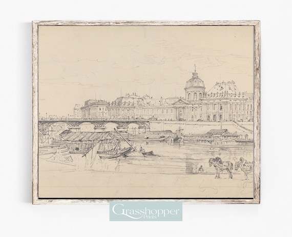 Vintage Paris Print, Landscape Scenery Drawings, Paris Bridge Sketch, PRINTABLE Wall Art, Digital DOWNLOAD