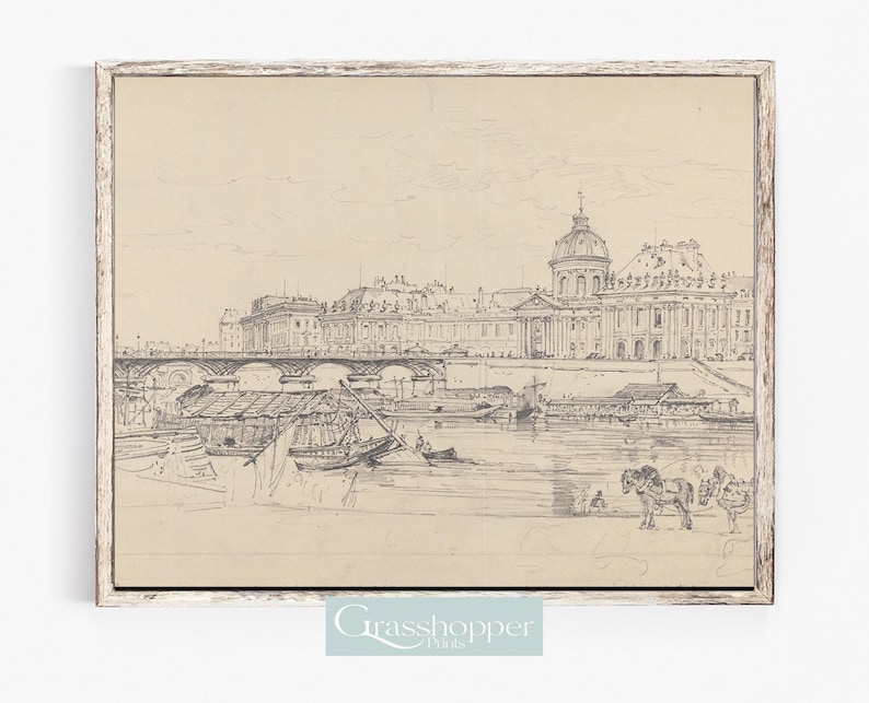 May include: A black and white line drawing of a Parisian cityscape with a bridge and boats in the foreground. The drawing depicts a large building with a dome on the right side of the image.