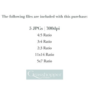 Puede incluir: Texto que dice "The following files are included with this purchase: 5 JPGs | 300dpi 4:5 Ratio 3:4 Ratio 2:3 Ratio 11x14 Ratio 5x7 Ratio" con el texto "Grasshopper Prints" debajo.
