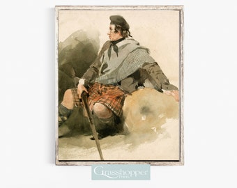 May include: A watercolor painting of a man wearing a kilt and a plaid jacket, sitting on a rock with a walking stick. The painting is done in a muted color palette with shades of brown, gray, and red.